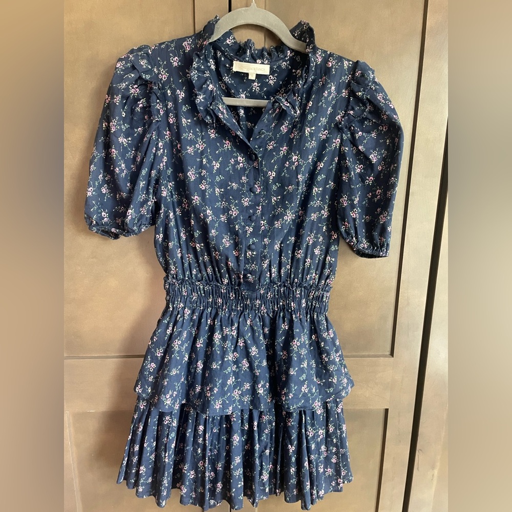 LoveShackFancy navy floral short sleeve dress with buttons size Small
